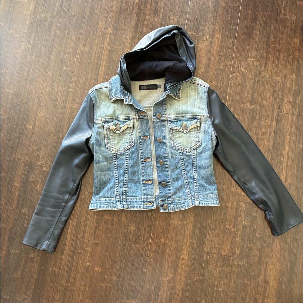 JET by John Eshaya Women's Denim and Black Leather Hooded Jacket, Size P/S